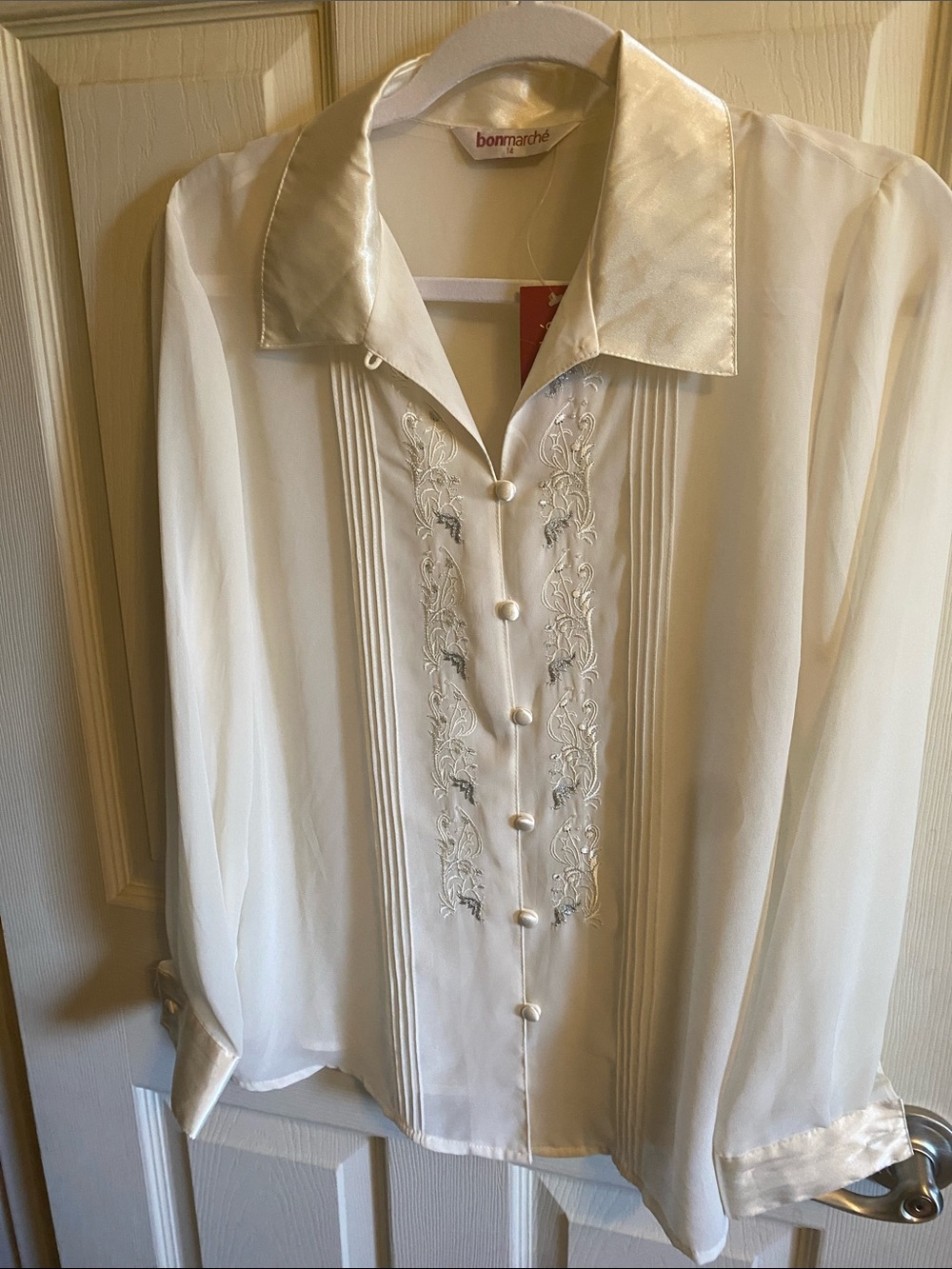 Cream Satin-Trim Embroidered Blouse